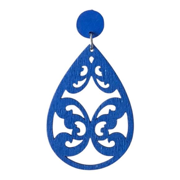 Bohemian Lightweight Wooden Filigree Laser Cut Tear Drop Dark Blue Earrings - Picture 5 of 6